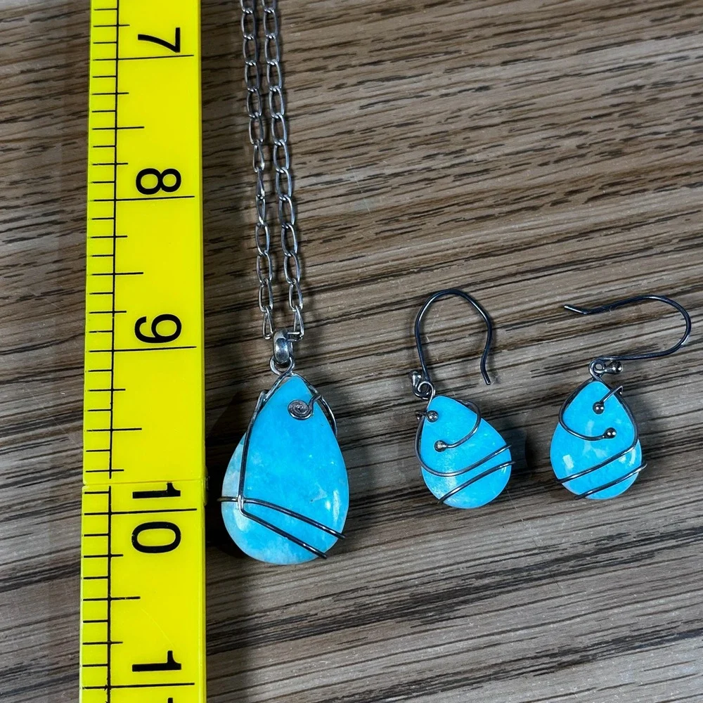 Teardrop Gemstone Wire Wrapped Pendant Necklace and Matching Dangle Earrings Set